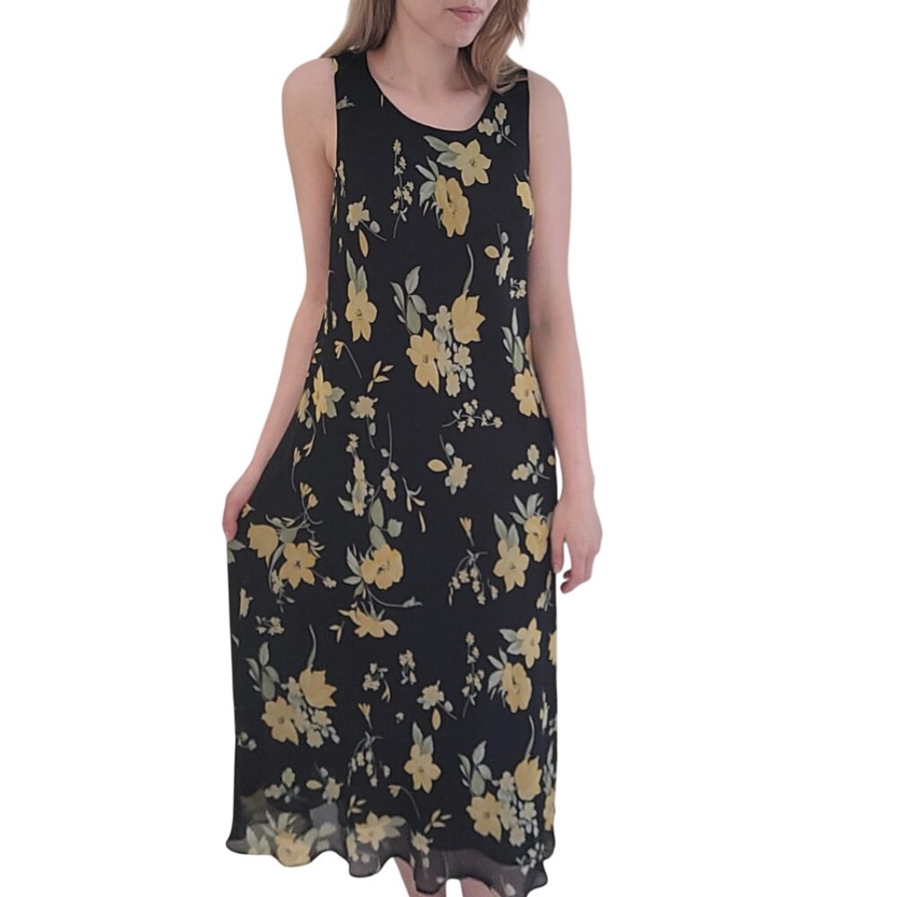 Vintage Black & Yellow Floral Summer Sleeveless Maxi Shift Dress women's small
